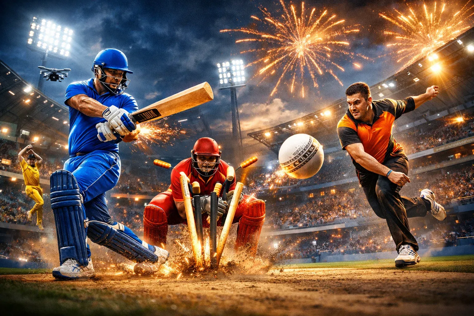 Cricket ball and stumps on pitch close-up